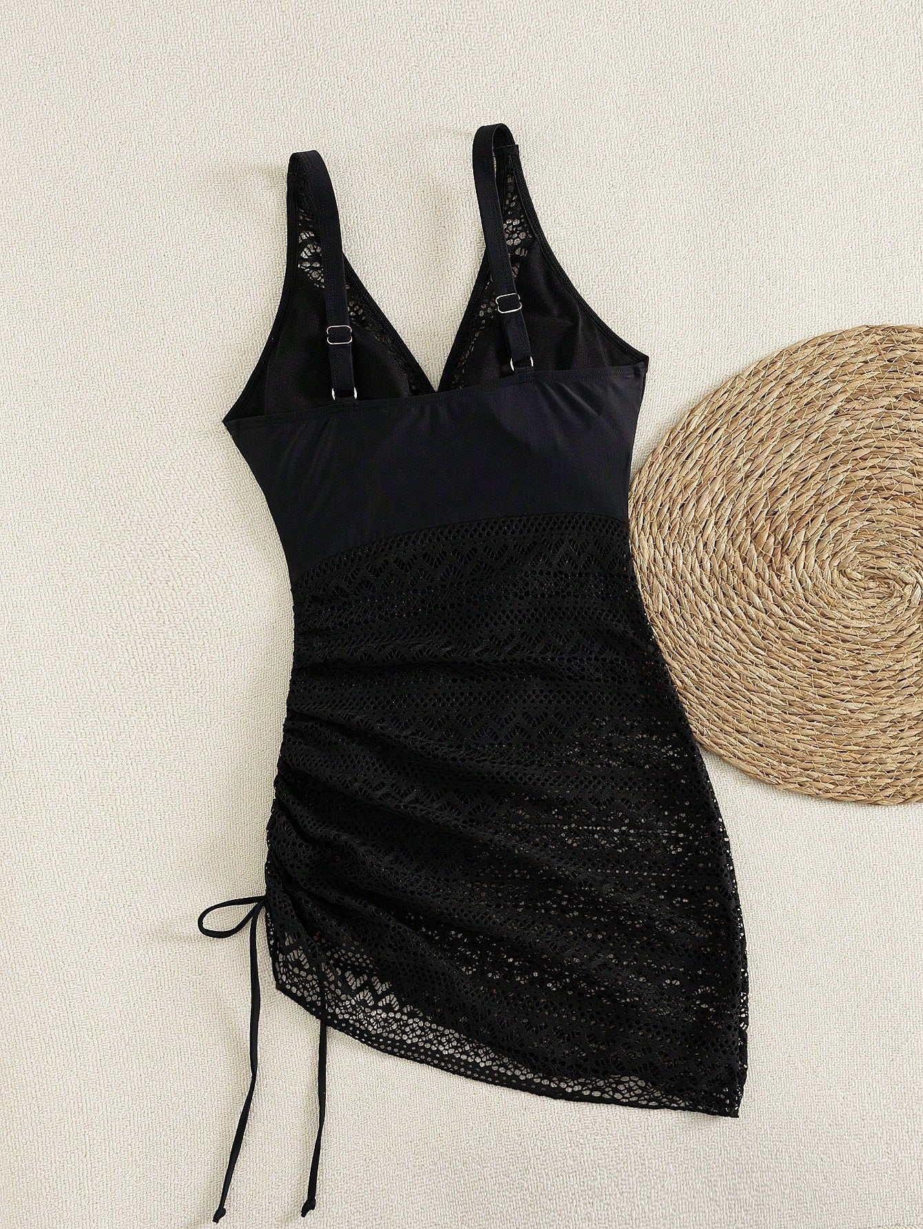 Swim Lushoire Women's Mature Black Lace Hollow V-Neck Drawstring Swim Dress, Flattering And Slimming, Elegant And Charming, High-End Fashion Swimwear For Beach Vacation