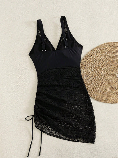 Swim Lushoire Women's Mature Black Lace Hollow V-Neck Drawstring Swim Dress, Flattering And Slimming, Elegant And Charming, High-End Fashion Swimwear For Beach Vacation