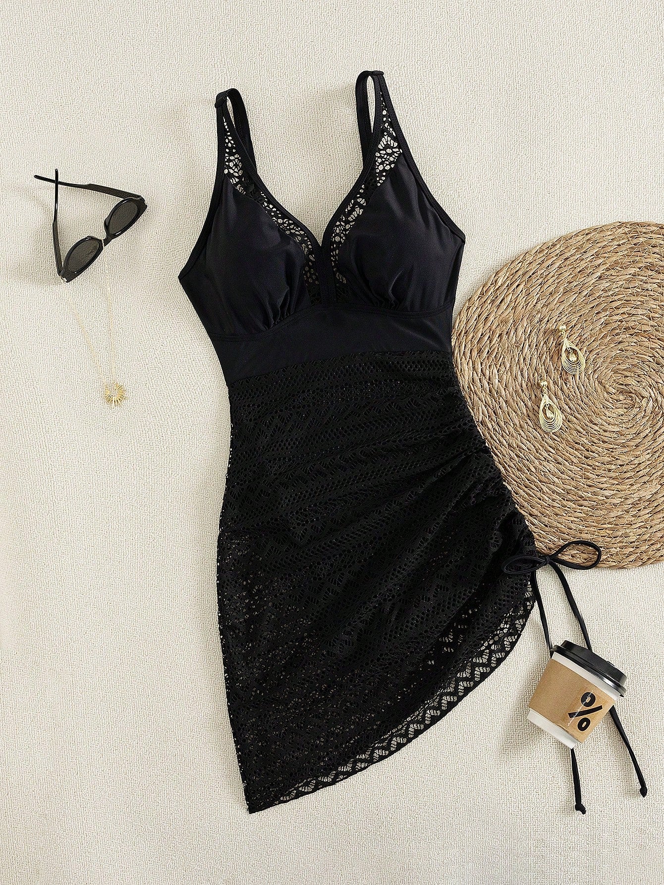 Swim Lushoire Women's Mature Black Lace Hollow V-Neck Drawstring Swim Dress, Flattering And Slimming, Elegant And Charming, High-End Fashion Swimwear For Beach Vacation
