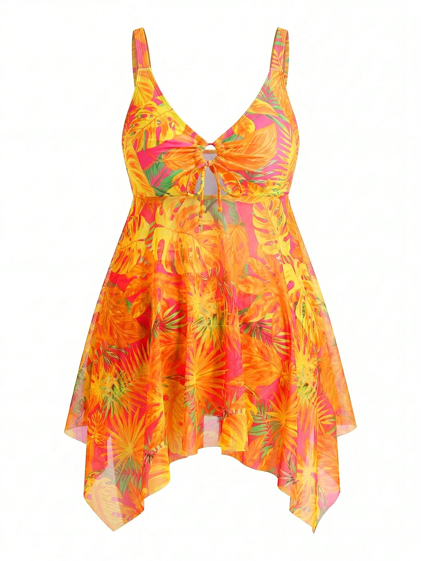 Swim Lushoire Women's Plus Size Tropical Palm Leaf Print Swim Dress,Pink Summer Boho Beach Holiday Holiday,Asymmetric Hem Spaghetti Strap Tummy Control Swimdress
