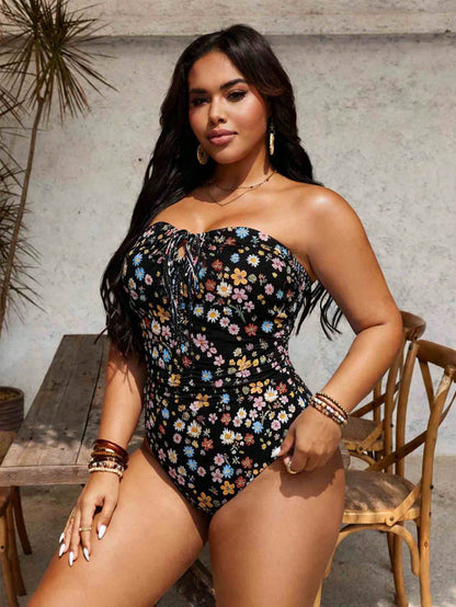 Swim Lushoire Women's Plus Size Two-Tone Striped Print Bandeau Mid-Chest Tunnel Drawstring Front Pleated Minimalist Elegant Casual Daily Beach Vacation One-Piece Swimsuit