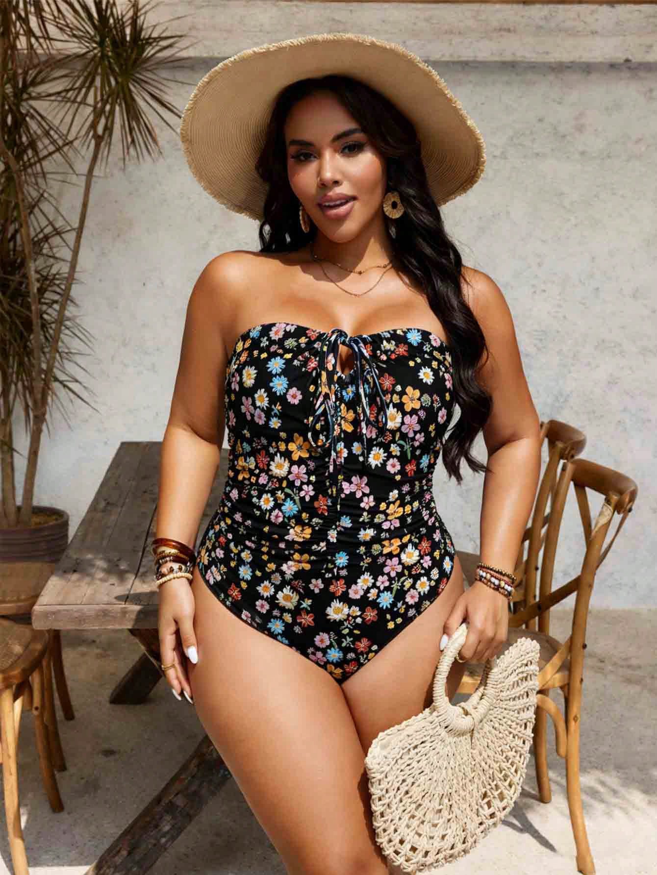 Swim Lushoire Women's Plus Size Two-Tone Striped Print Bandeau Mid-Chest Tunnel Drawstring Front Pleated Minimalist Elegant Casual Daily Beach Vacation One-Piece Swimsuit