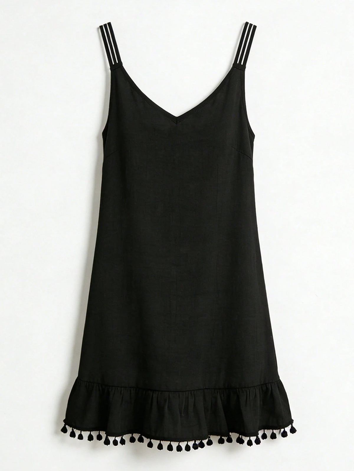 Swim Lushoire Women's Summer Beach Black Boho Holiday V-Neck Sleeveless Ruffle Hem Pom Pom Trim Vacation Coverup Dress,Elegant Casual Country-Style Strappy Dresses