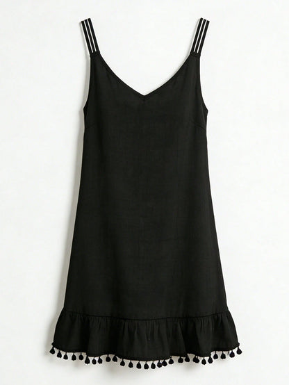 Swim Lushoire Women's Summer Beach Black Boho Holiday V-Neck Sleeveless Ruffle Hem Pom Pom Trim Vacation Coverup Dress,Elegant Casual Country-Style Strappy Dresses