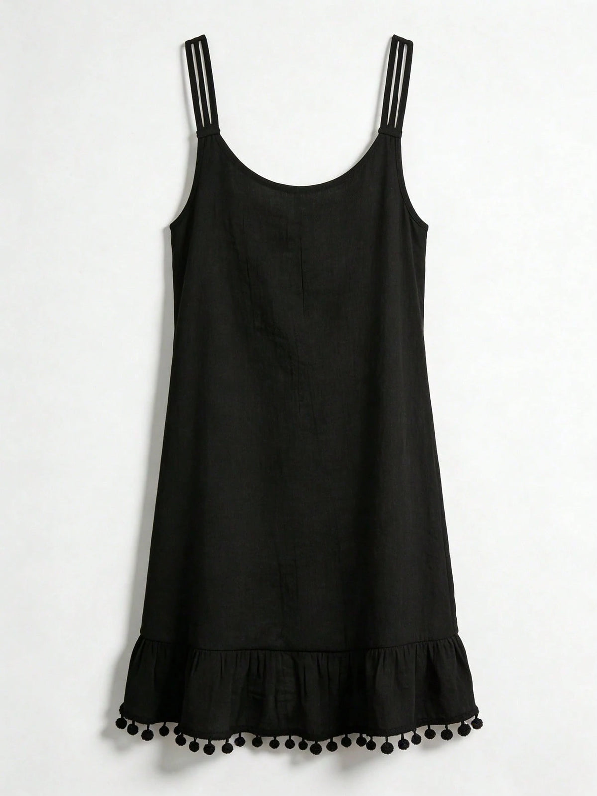 Swim Lushoire Women's Summer Beach Black Boho Holiday V-Neck Sleeveless Ruffle Hem Pom Pom Trim Vacation Coverup Dress,Elegant Casual Country-Style Strappy Dresses