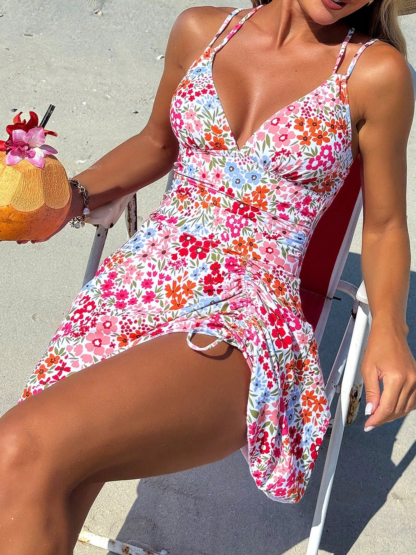 Swim Lushoire Women's Summer Beach Outfit, Floral Print Drawstring Crossed V-Neck Ruffle Skort, Sexy Ladies Swimsuit Dress For Vacation
