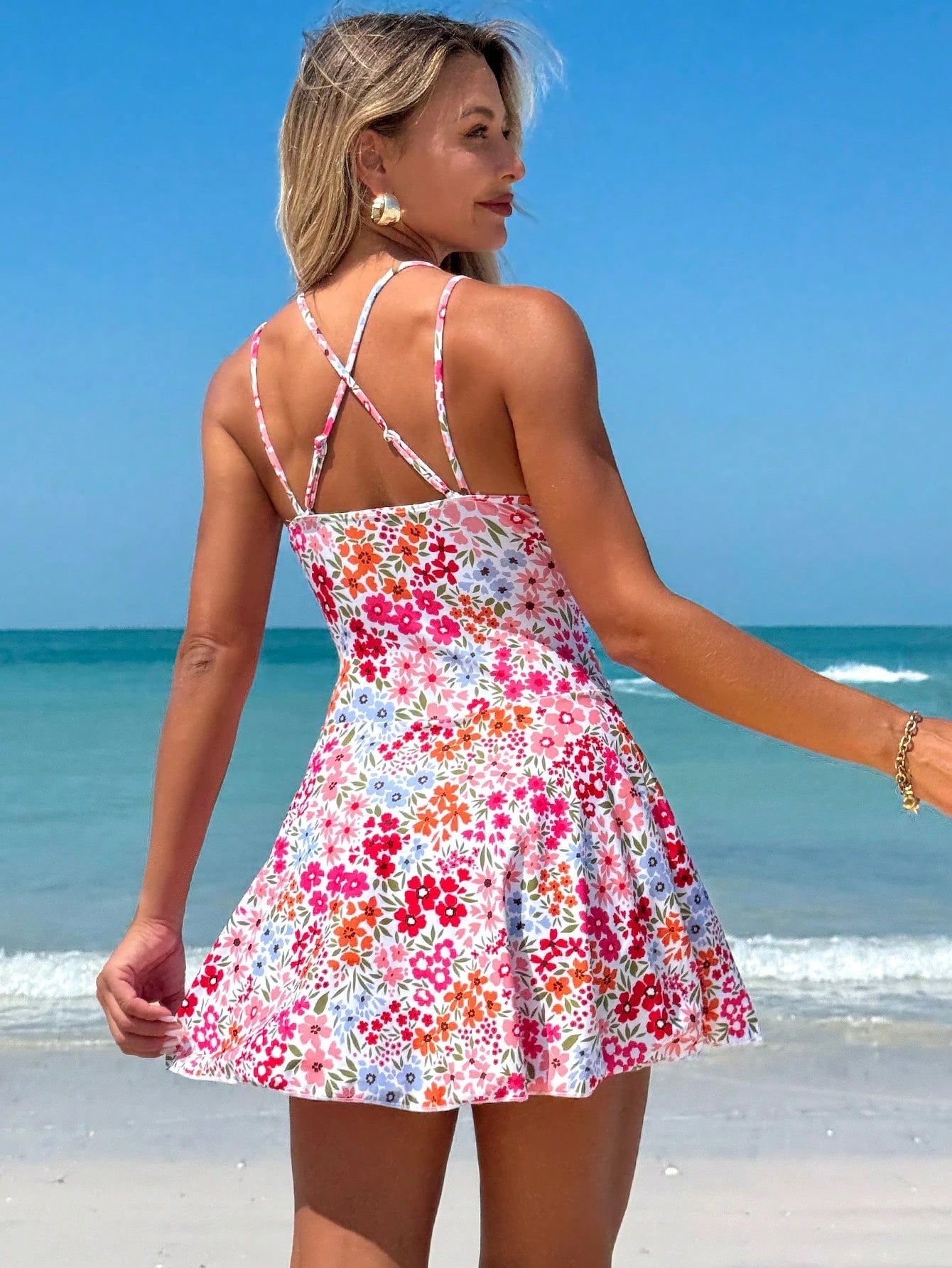Swim Lushoire Women's Summer Beach Outfit, Floral Print Drawstring Crossed V-Neck Ruffle Skort, Sexy Ladies Swimsuit Dress For Vacation