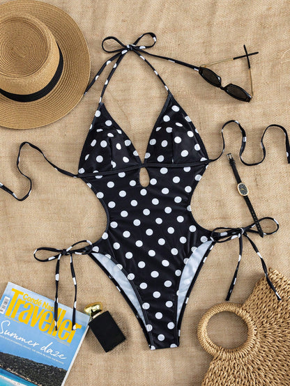 Swim Lushoire Women's Summer Black & White Polka Dot Print Hollow Out Tie Side One-Piece Swimsuit