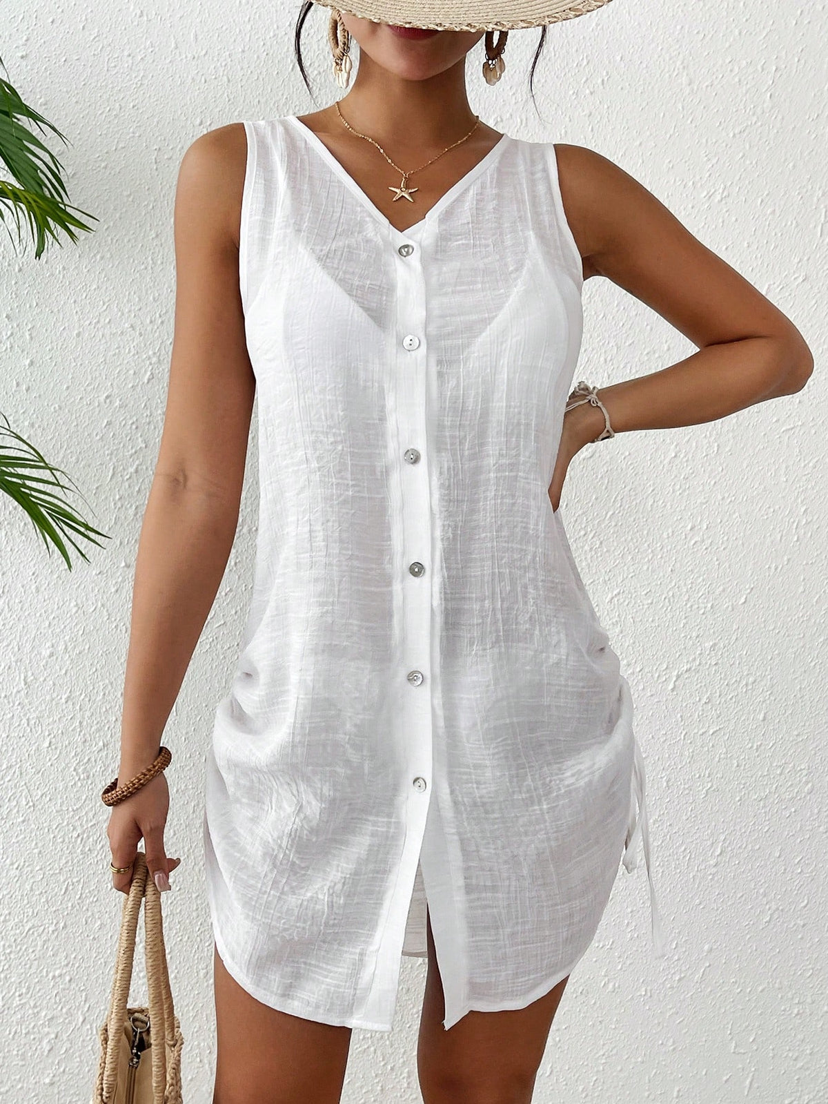 Swim Lushoire Women's Summer Swimsuit Mature Striped Single-Breasted Sleeveless Shirt Kimono Cover-Up, Suitable For Beach Vacation