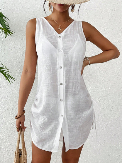 Swim Lushoire Women's Summer Swimsuit Mature Striped Single-Breasted Sleeveless Shirt Kimono Cover-Up, Suitable For Beach Vacation