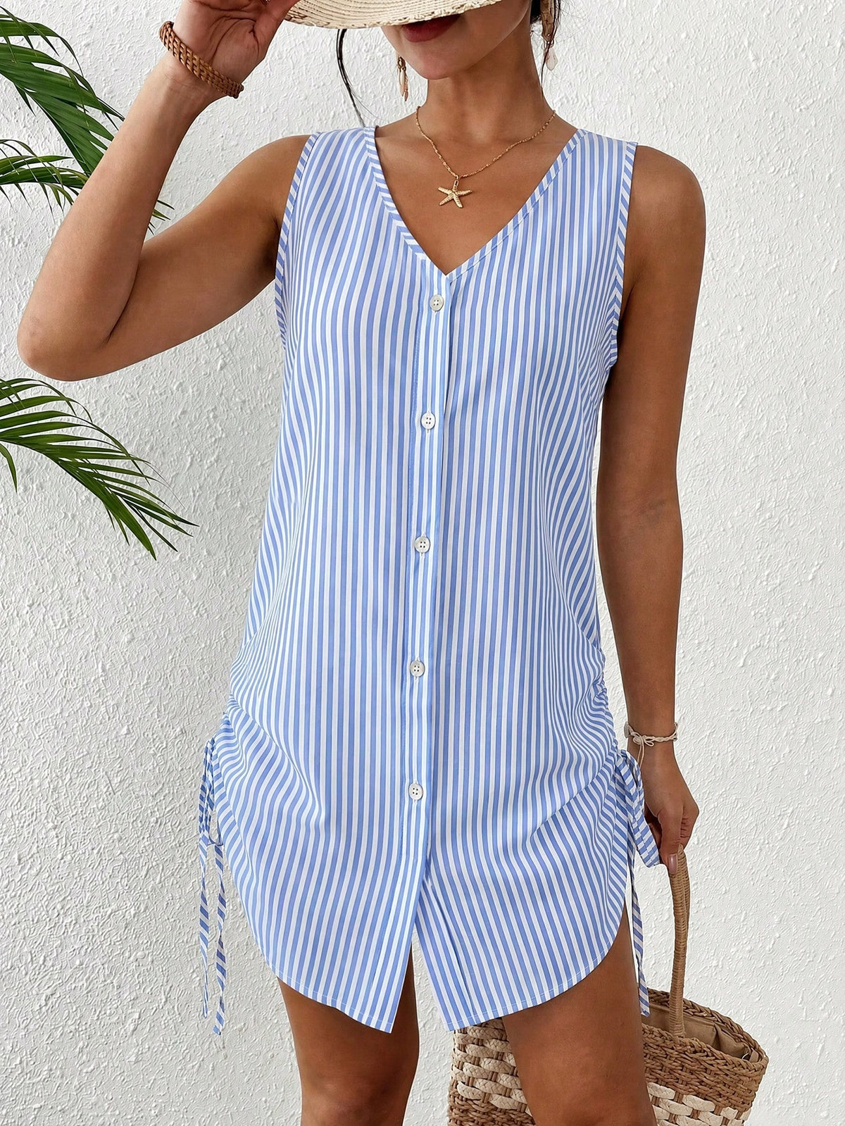 Swim Lushoire Women's Summer Swimsuit Mature Striped Single-Breasted Sleeveless Shirt Kimono Cover-Up, Suitable For Beach Vacation