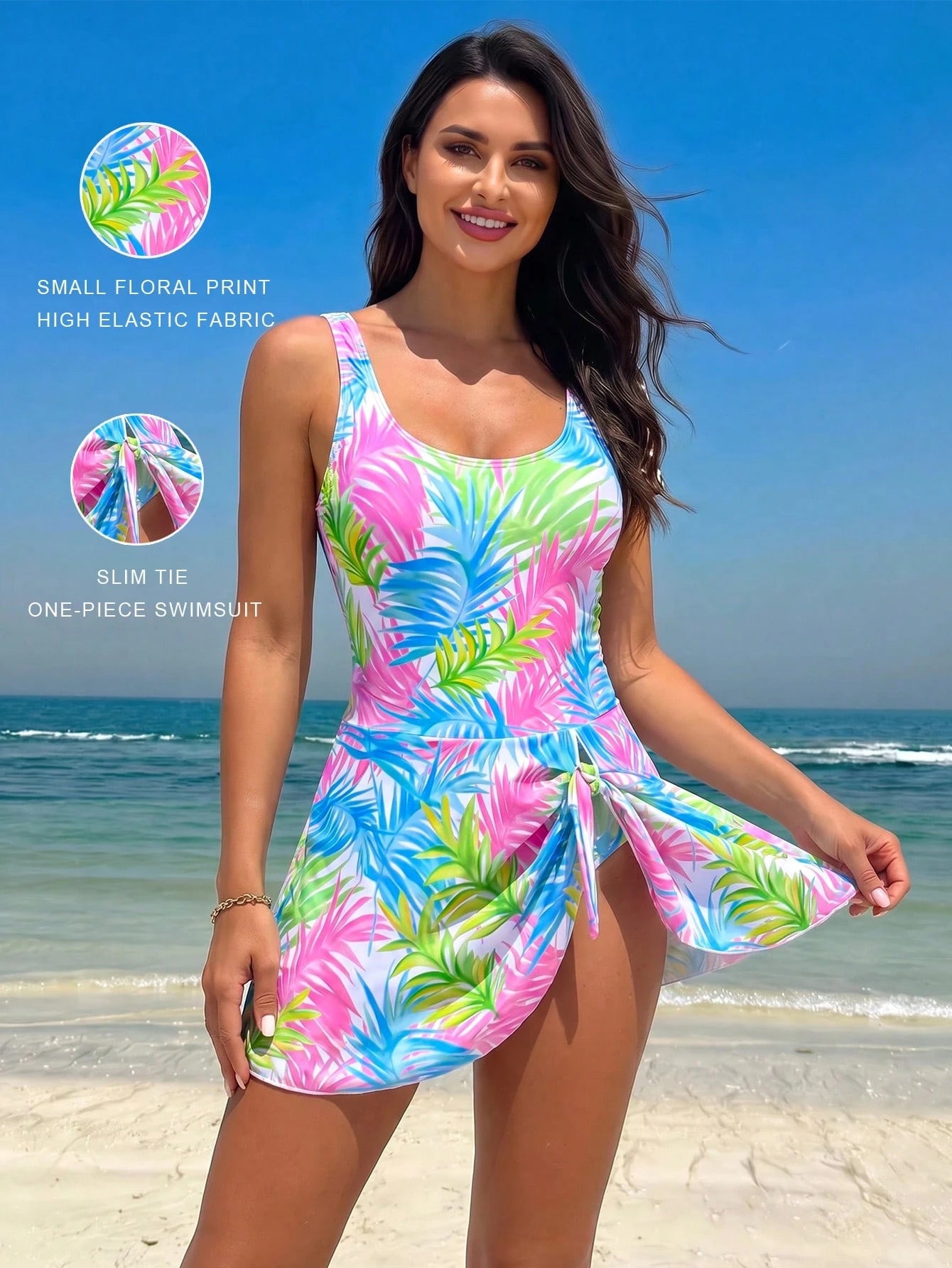 Swim Lushoire Women's Summer Tropical Plant Print One-Piece Dress, Blue/Green/Pink Beach Swimsuit Cover Up, Carnival