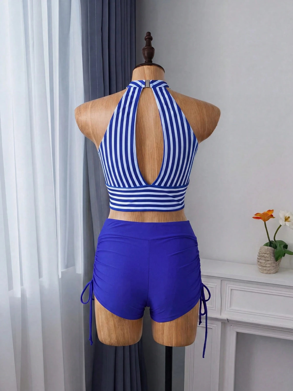 Swim Lushoire Women's Summer Vacation Beach Striped Halter Tankini Set