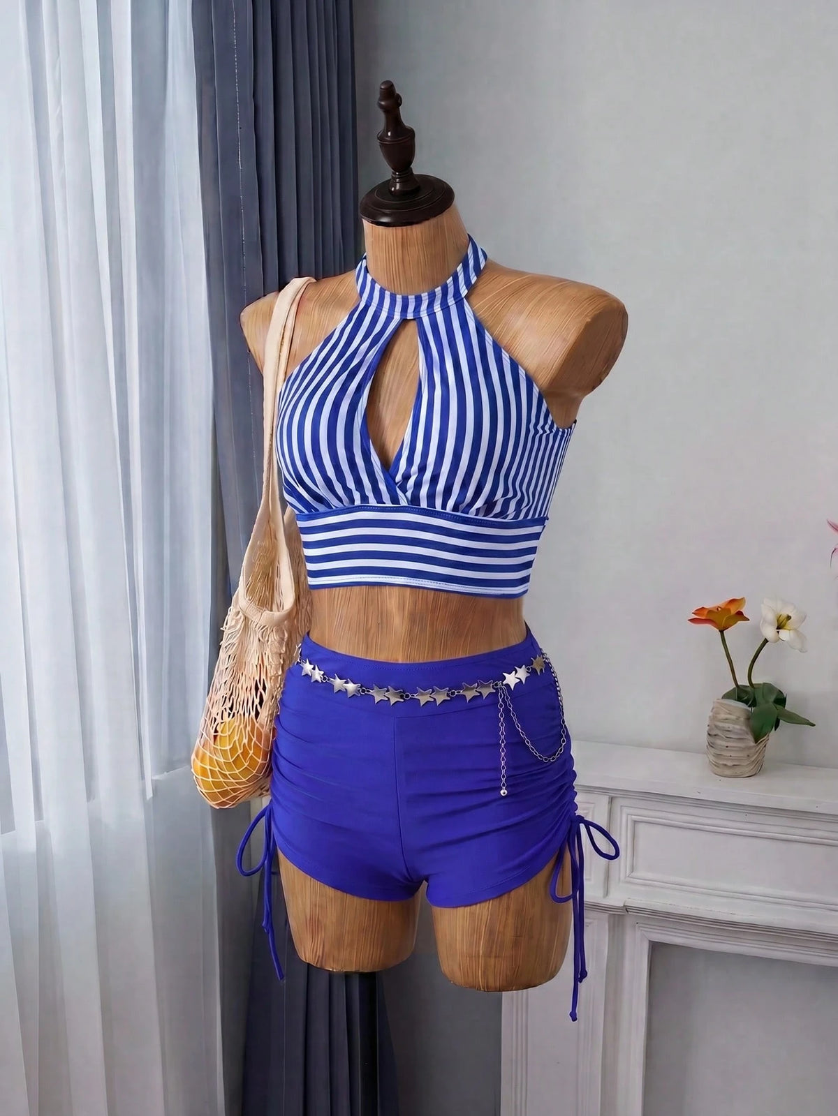Swim Lushoire Women's Summer Vacation Beach Striped Halter Tankini Set