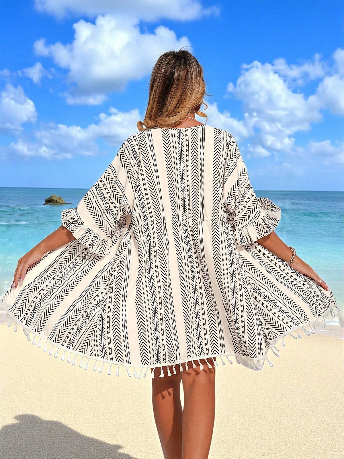 Swim Lushoire Women's White Summer Boho Holiday Pool Party Holiday Kimono Cover Up,Bohemian Floral Print Batwing Sleeve Drawstring Tassel Hem Fringe Beachwear