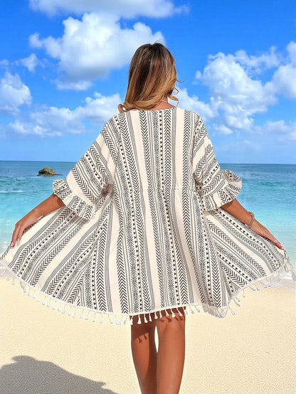 Swim Lushoire Women's White Summer Boho Holiday Pool Party Holiday Kimono Cover Up,Bohemian Floral Print Batwing Sleeve Drawstring Tassel Hem Fringe Beachwear