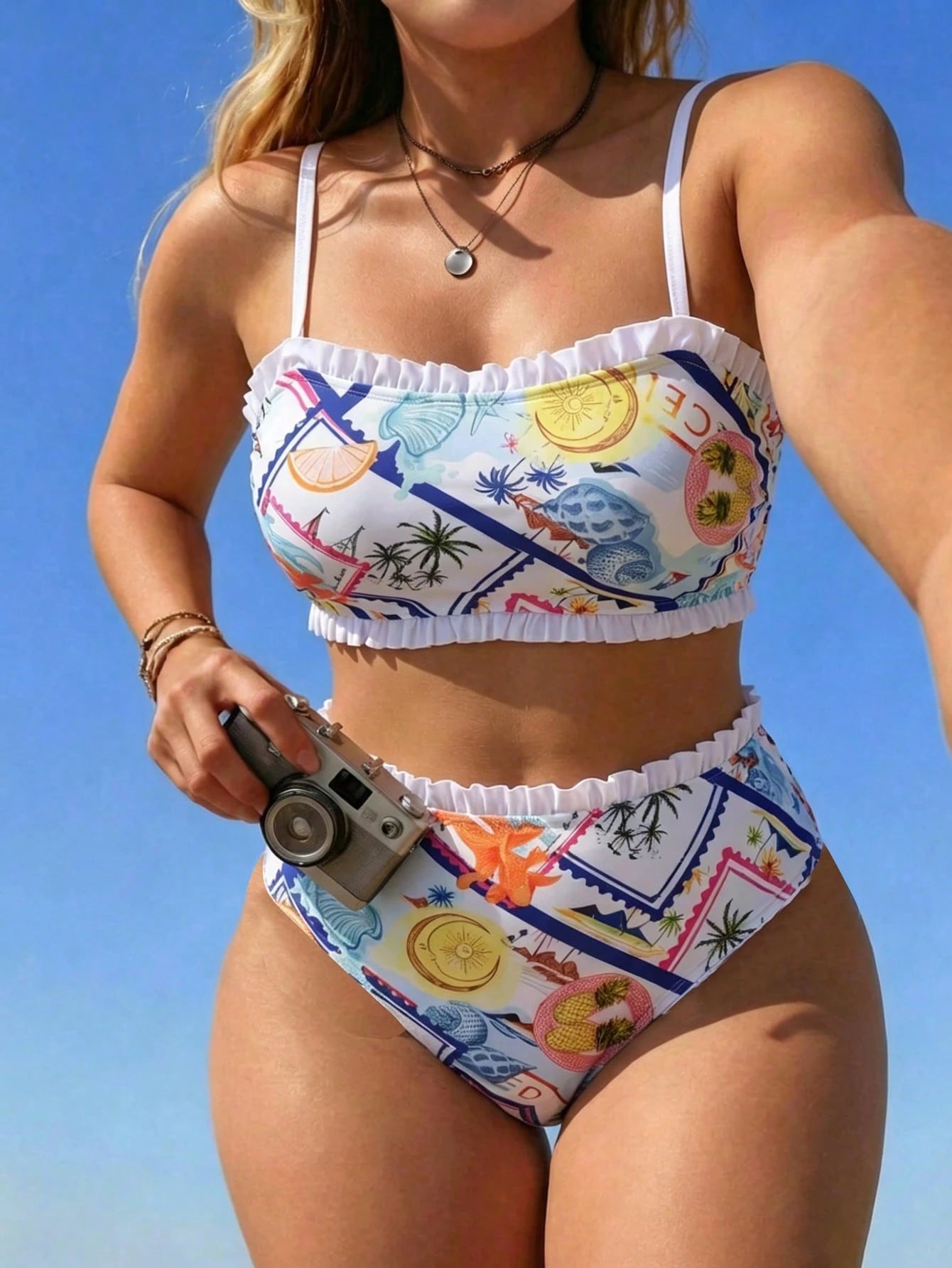Swim Mod 2026 New Plus Size Multi-Color Bandeau Top With Ruffle Trim And Adjustable Spaghetti Straps, Side Ruched Detail, Paired With High-Waist Triangle Bottoms With Ruffle Trim, Casual Premium Flatt