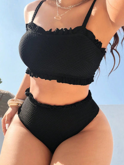 Swim Mod 2026 New Plus Size Multi-Color Bandeau Top With Ruffle Trim And Adjustable Spaghetti Straps, Side Ruched Detail, Paired With High-Waist Triangle Bottoms With Ruffle Trim, Casual Premium Flatt