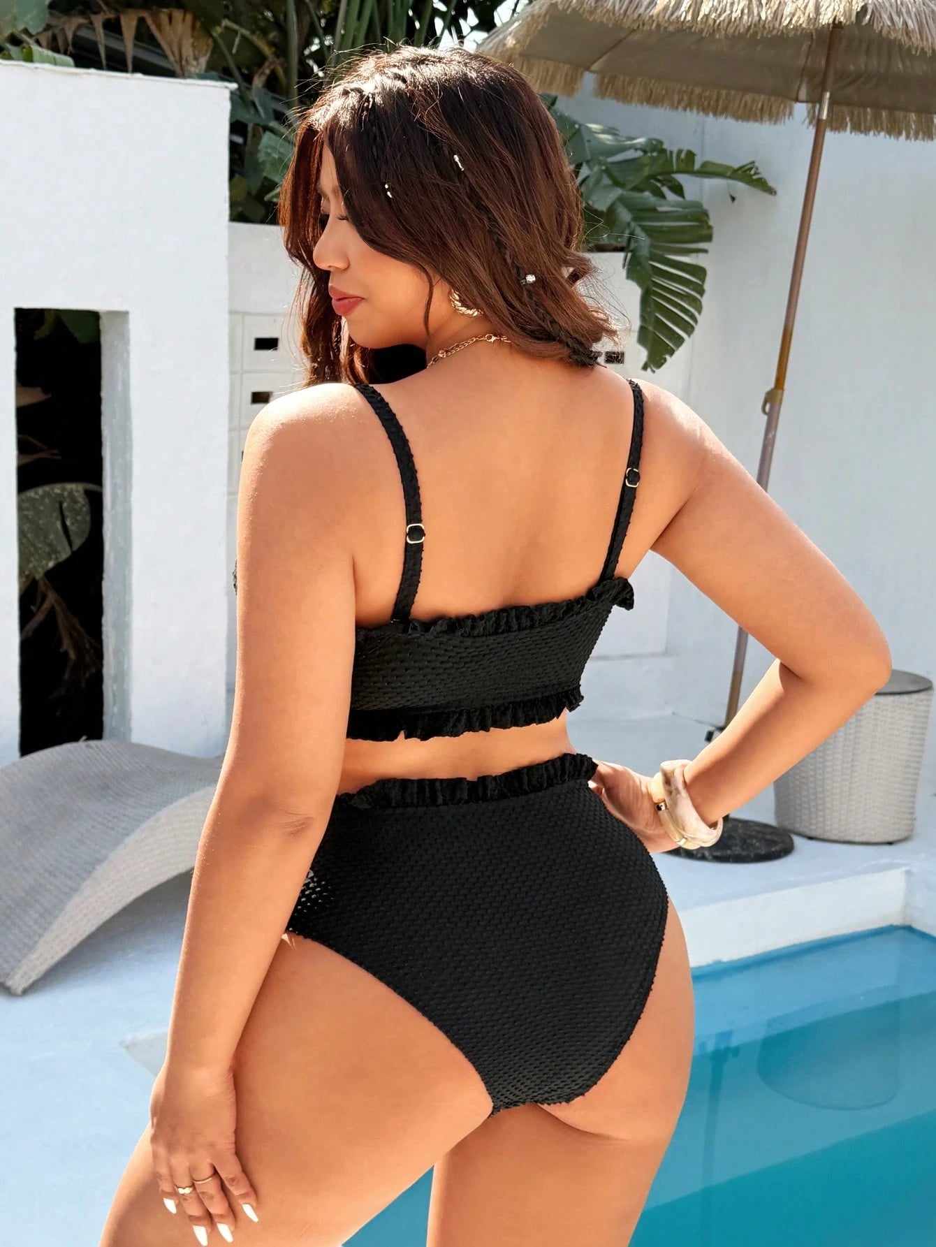 Swim Mod 2026 New Plus Size Multi-Color Bandeau Top With Ruffle Trim And Adjustable Spaghetti Straps, Side Ruched Detail, Paired With High-Waist Triangle Bottoms With Ruffle Trim, Casual Premium Flatt