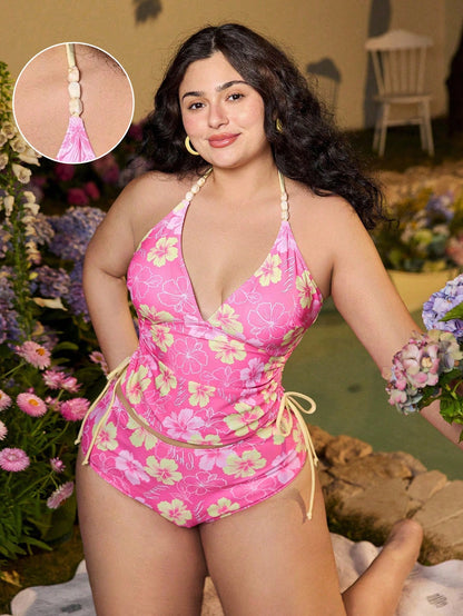 Swim Mod 2026 New Plus Size Women 2 Pieces Random Print Elegant Drawstring Casual One-Piece Swimwear, Summer