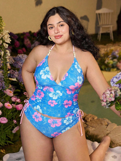 Swim Mod 2026 New Plus Size Women 2 Pieces Random Print Elegant Drawstring Casual One-Piece Swimwear, Summer