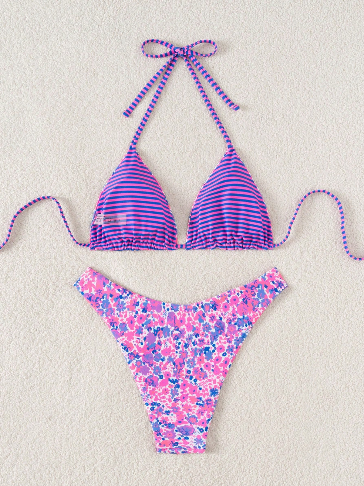 Swim Mod 2pcs/Set Women Casual Random Print Reversible Halter Neck Top And Cute Shorts Bikini Set For Holiday Beach For Summer Beach Vacation