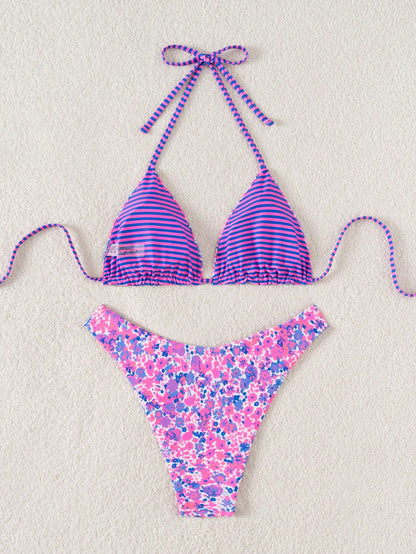 Swim Mod 2pcs/Set Women Casual Random Print Reversible Halter Neck Top And Cute Shorts Bikini Set For Holiday Beach For Summer Beach Vacation