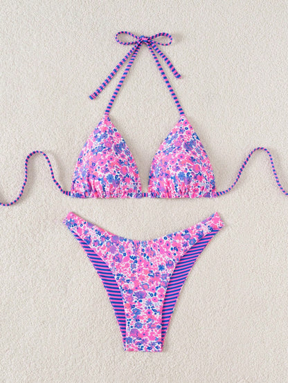 Swim Mod 2pcs/Set Women Casual Random Print Reversible Halter Neck Top And Cute Shorts Bikini Set For Holiday Beach For Summer Beach Vacation