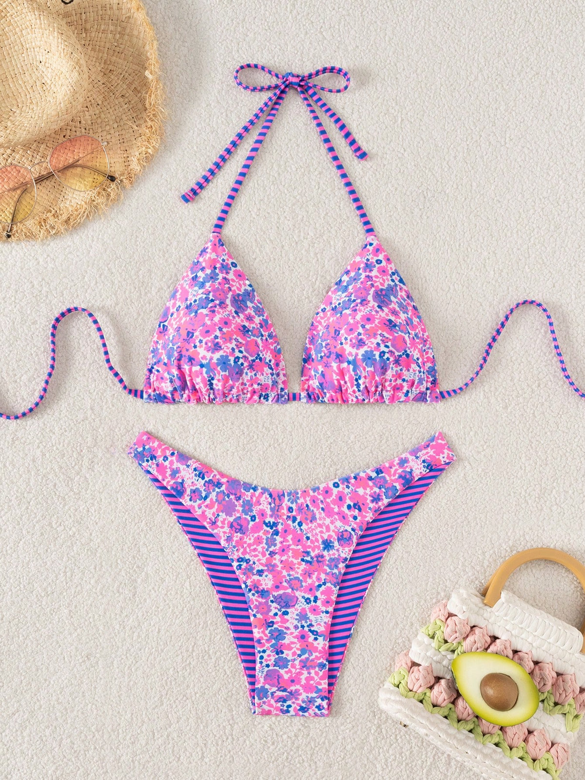 Swim Mod 2pcs/Set Women Casual Random Print Reversible Halter Neck Top And Cute Shorts Bikini Set For Holiday Beach For Summer Beach Vacation