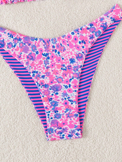 Swim Mod 2pcs/Set Women Casual Random Print Reversible Halter Neck Top And Cute Shorts Bikini Set For Holiday Beach For Summer Beach Vacation