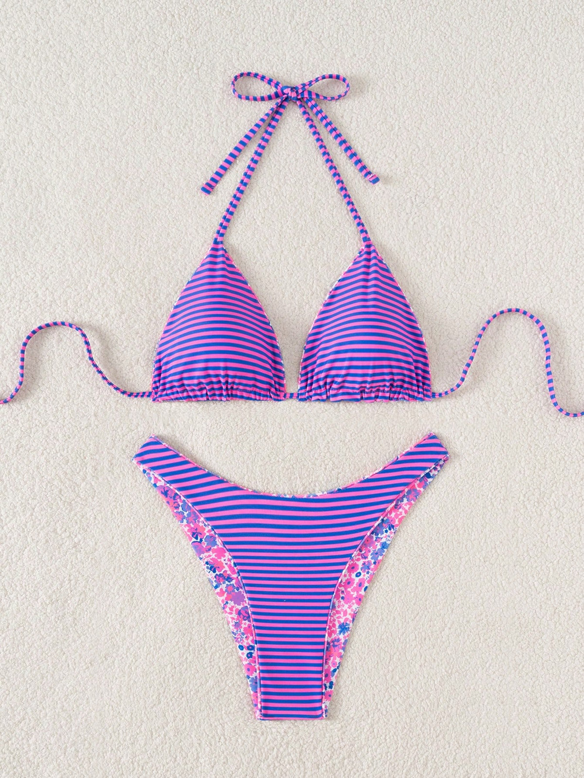 Swim Mod 2pcs/Set Women Casual Random Print Reversible Halter Neck Top And Cute Shorts Bikini Set For Holiday Beach For Summer Beach Vacation