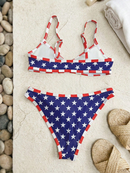Swim Mod 2pcs/Set Women's Fashionable Cute Sexy Beach Outfit, Blue Base White Star Red Trim Crop Top And Triangle Bikini Swimwear, Suitable For Beach, Pool