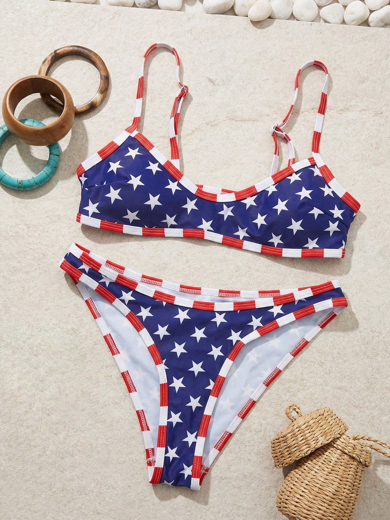 Swim Mod 2pcs/Set Women's Fashionable Cute Sexy Beach Outfit, Blue Base White Star Red Trim Crop Top And Triangle Bikini Swimwear, Suitable For Beach, Pool