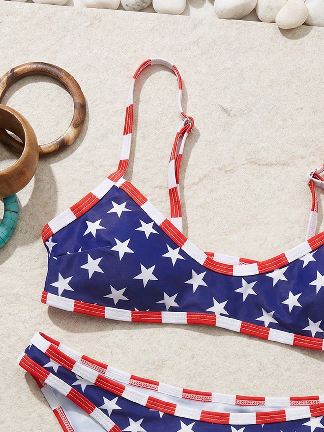 Swim Mod 2pcs/Set Women's Fashionable Cute Sexy Beach Outfit, Blue Base White Star Red Trim Crop Top And Triangle Bikini Swimwear, Suitable For Beach, Pool