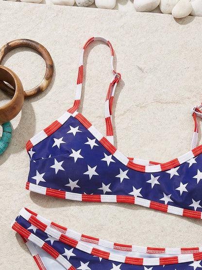 Swim Mod 2pcs/Set Women's Fashionable Cute Sexy Beach Outfit, Blue Base White Star Red Trim Crop Top And Triangle Bikini Swimwear, Suitable For Beach, Pool
