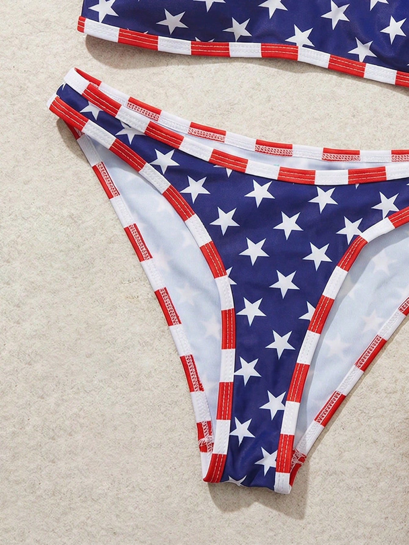 Swim Mod 2pcs/Set Women's Fashionable Cute Sexy Beach Outfit, Blue Base White Star Red Trim Crop Top And Triangle Bikini Swimwear, Suitable For Beach, Pool