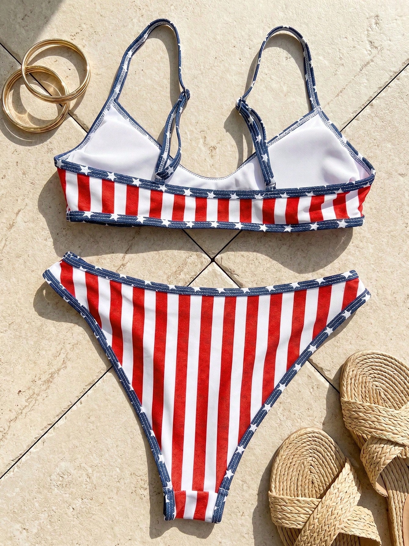 Swim Mod 2pcs/Set Women's Fashionable Cute Sexy Beach Outfit, Blue Base White Star Red Trim Crop Top And Triangle Bikini Swimwear, Suitable For Beach, Pool