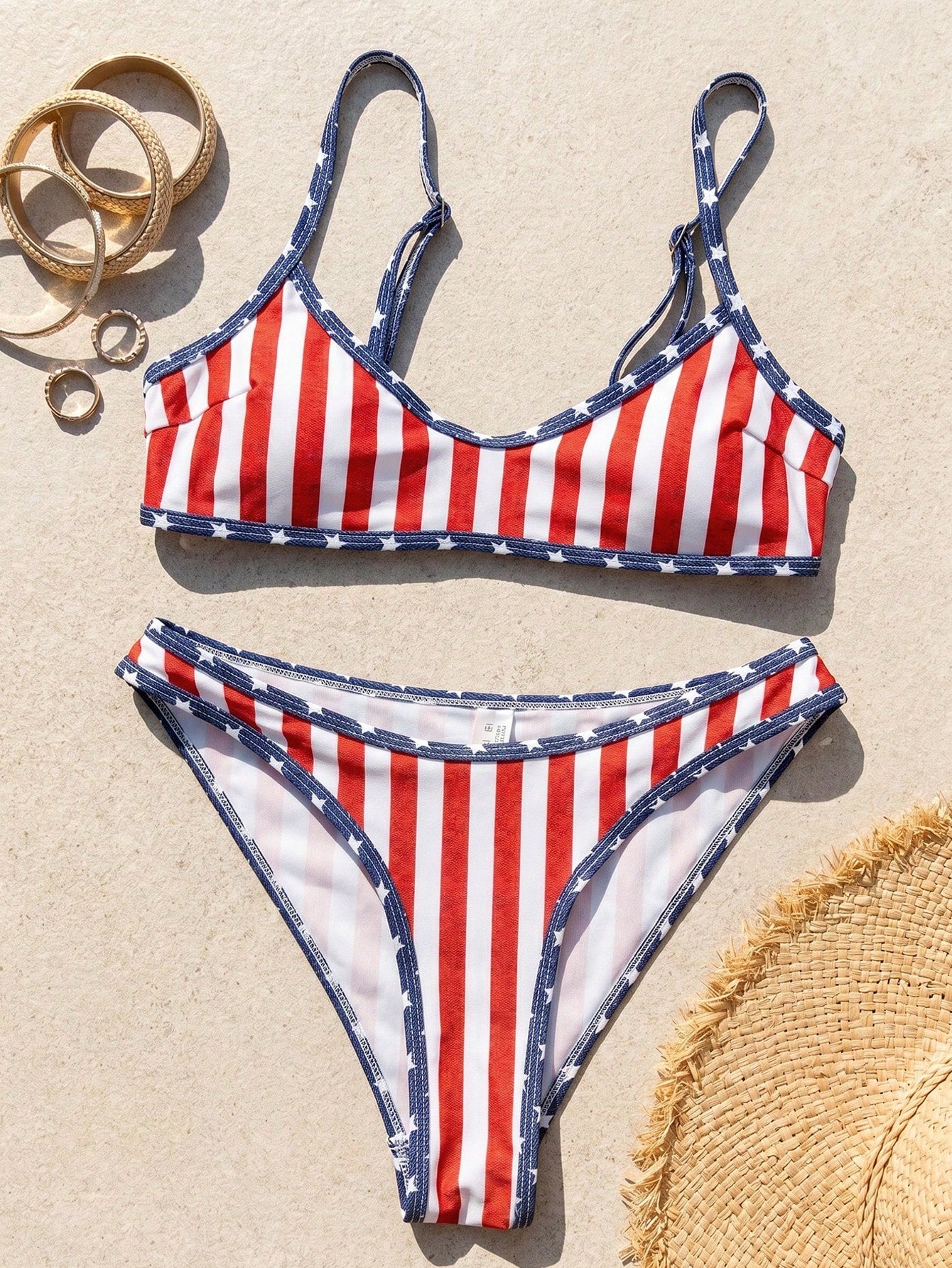 Swim Mod 2pcs/Set Women's Fashionable Cute Sexy Beach Outfit, Blue Base White Star Red Trim Crop Top And Triangle Bikini Swimwear, Suitable For Beach, Pool