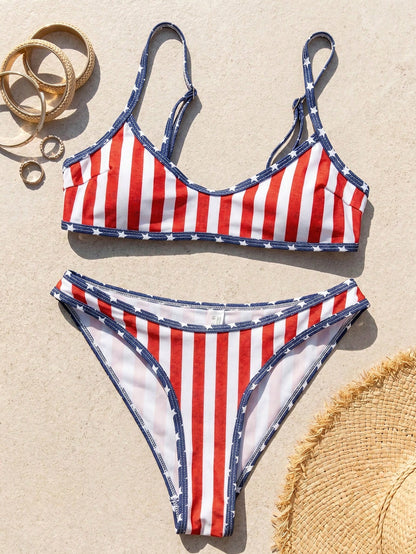 Swim Mod 2pcs/Set Women's Fashionable Cute Sexy Beach Outfit, Blue Base White Star Red Trim Crop Top And Triangle Bikini Swimwear, Suitable For Beach, Pool