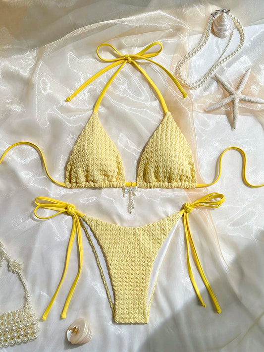 Swim Mod 2pcs/Set Women Summer Beach Solid Color Textured Fabric Halter Triangle Bra With Bow Accent And Side Tie Briefs Bikini Set