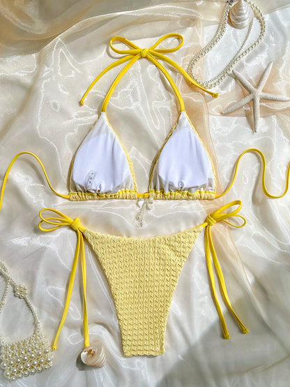 Swim Mod 2pcs/Set Women Summer Beach Solid Color Textured Fabric Halter Triangle Bra With Bow Accent And Side Tie Briefs Bikini Set