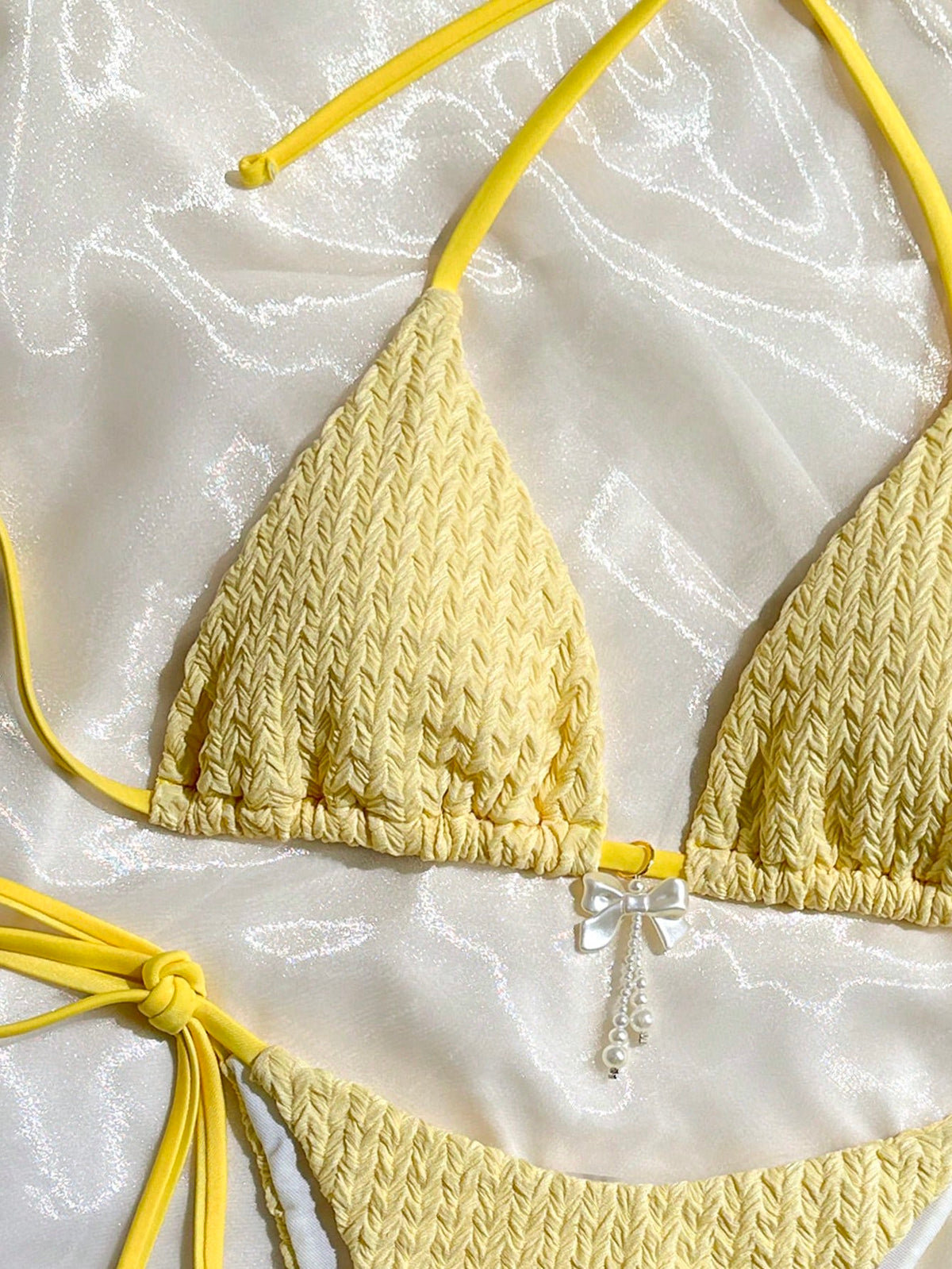 Swim Mod 2pcs/Set Women Summer Beach Solid Color Textured Fabric Halter Triangle Bra With Bow Accent And Side Tie Briefs Bikini Set