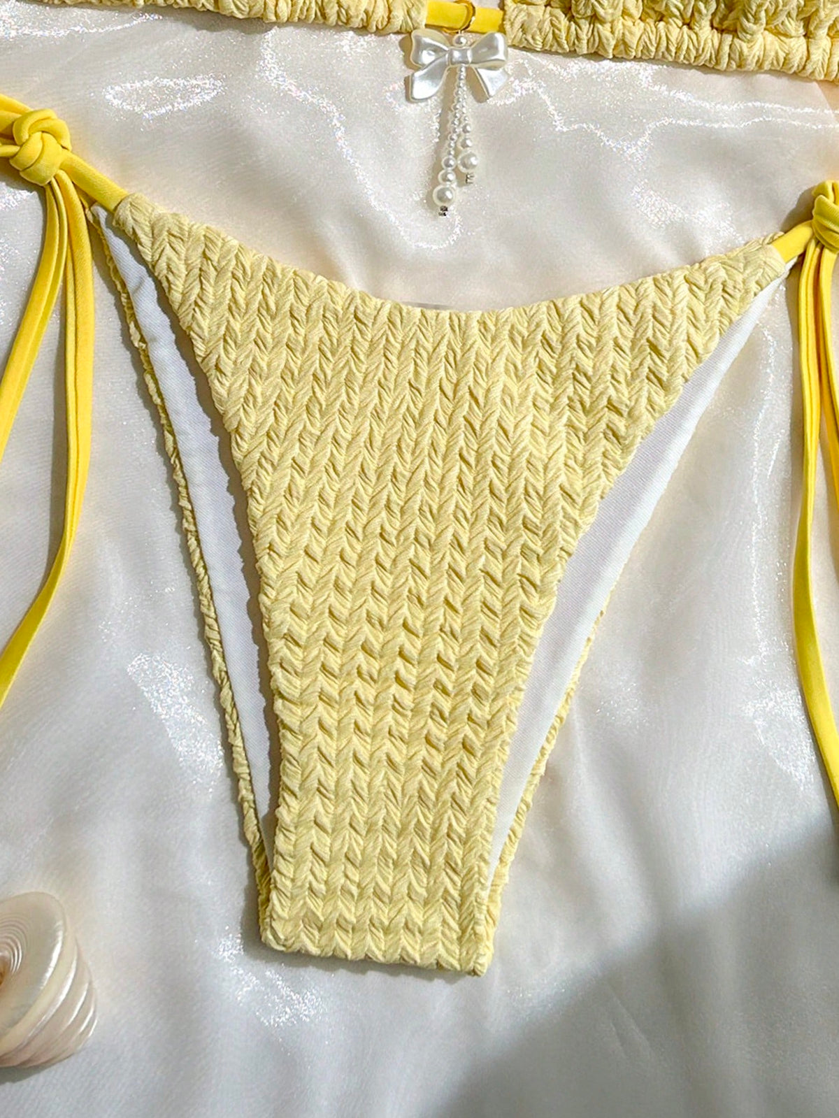Swim Mod 2pcs/Set Women Summer Beach Solid Color Textured Fabric Halter Triangle Bra With Bow Accent And Side Tie Briefs Bikini Set