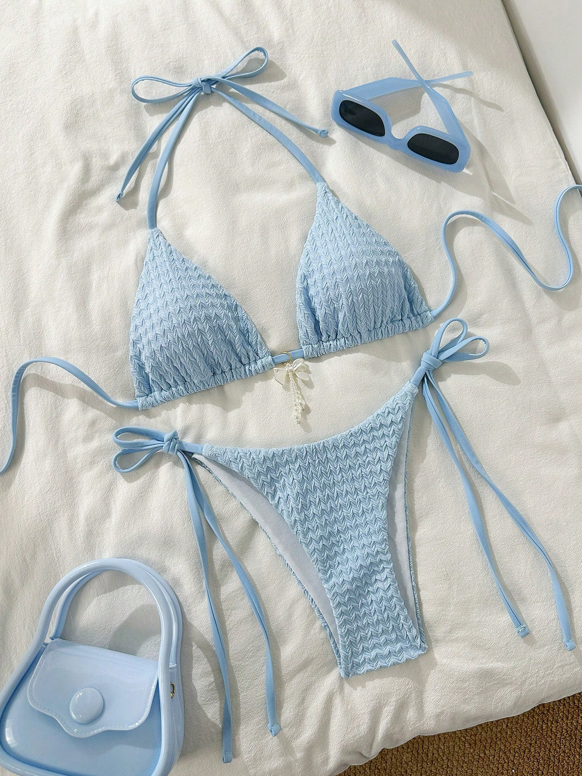 Swim Mod 2pcs/Set Women Summer Beach Solid Color Textured Fabric Halter Triangle Bra With Bow Accent And Side Tie Briefs Bikini Set
