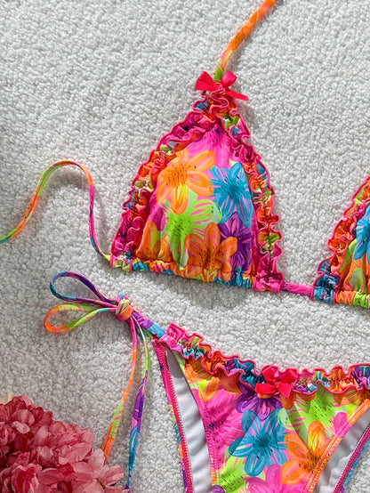 Swim Mod 2pcs Spring/Summer Beach Vacation Colorful Floral Random Print Bow Accessory Halter Triangle Cup Bra And Side Tie Bikini Bottom Sexy Bikini Set