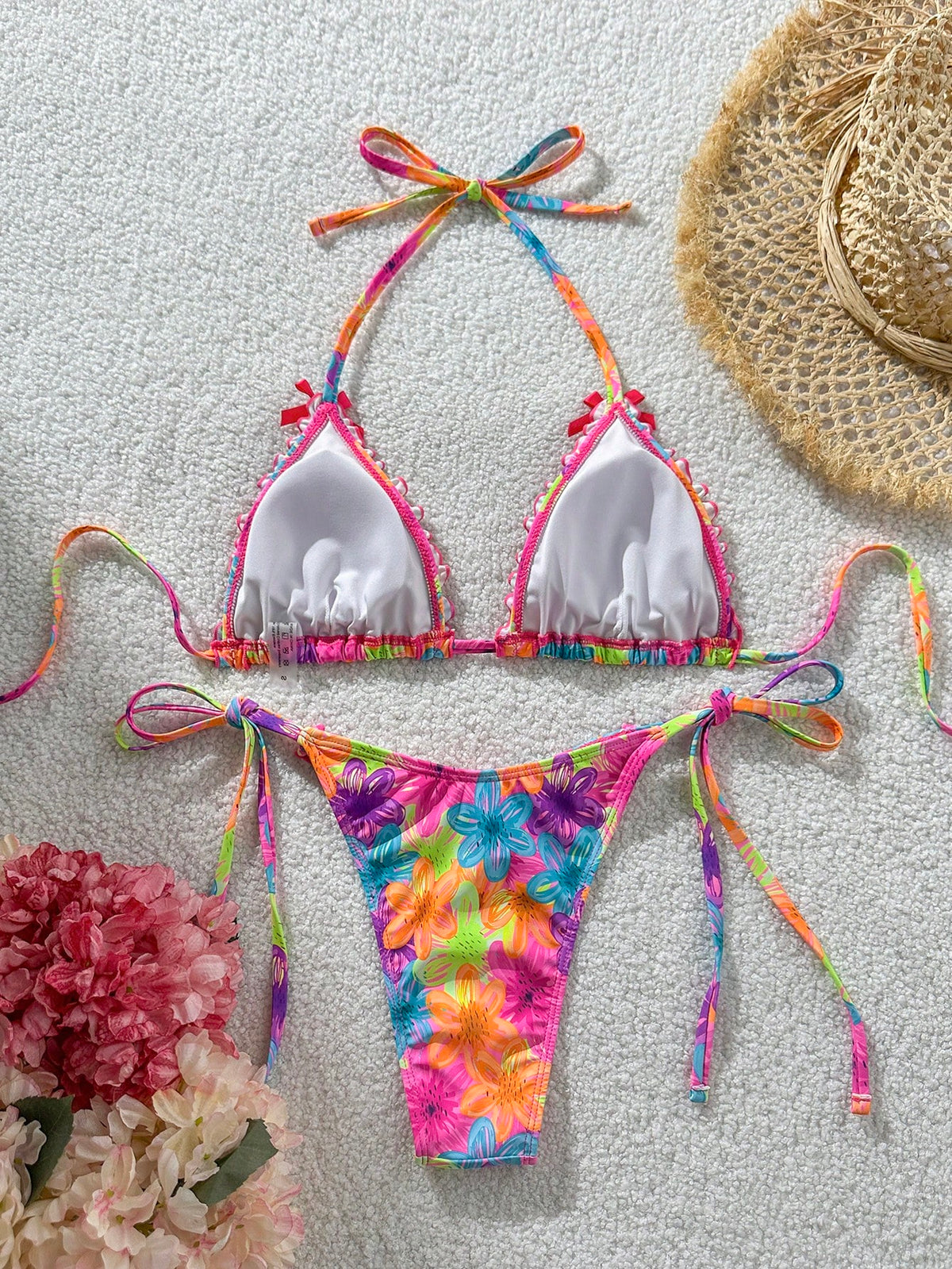 Swim Mod 2pcs Spring/Summer Beach Vacation Colorful Floral Random Print Bow Accessory Halter Triangle Cup Bra And Side Tie Bikini Bottom Sexy Bikini Set