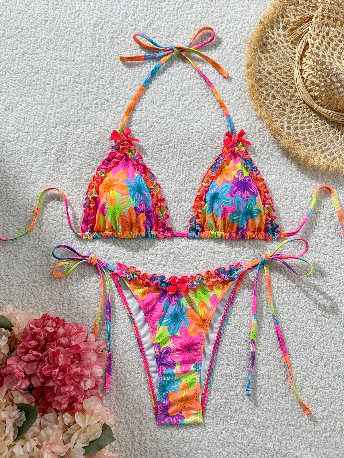 Swim Mod 2pcs Spring/Summer Beach Vacation Colorful Floral Random Print Bow Accessory Halter Triangle Cup Bra And Side Tie Bikini Bottom Sexy Bikini Set