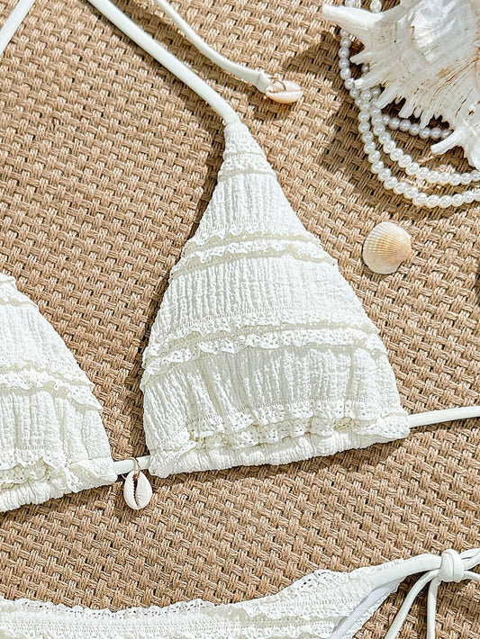 Swim Mod 2pcs Women Beach Bikini Set, Jacquard Fabric Side Tie Cute Swimsuit For Summer Beach Vacation