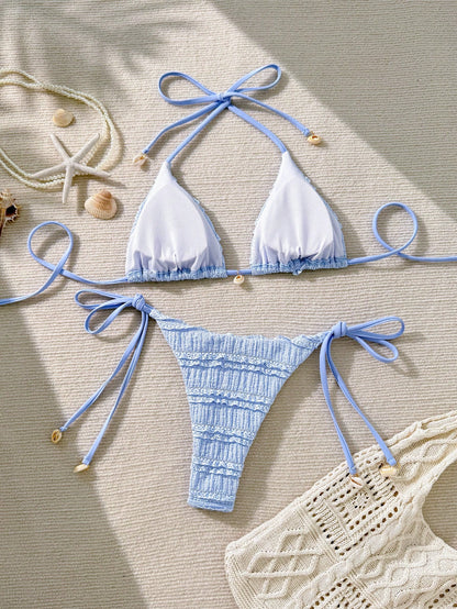 Swim Mod 2pcs Women Beach Bikini Set, Jacquard Fabric Side Tie Cute Swimsuit For Summer Beach Vacation