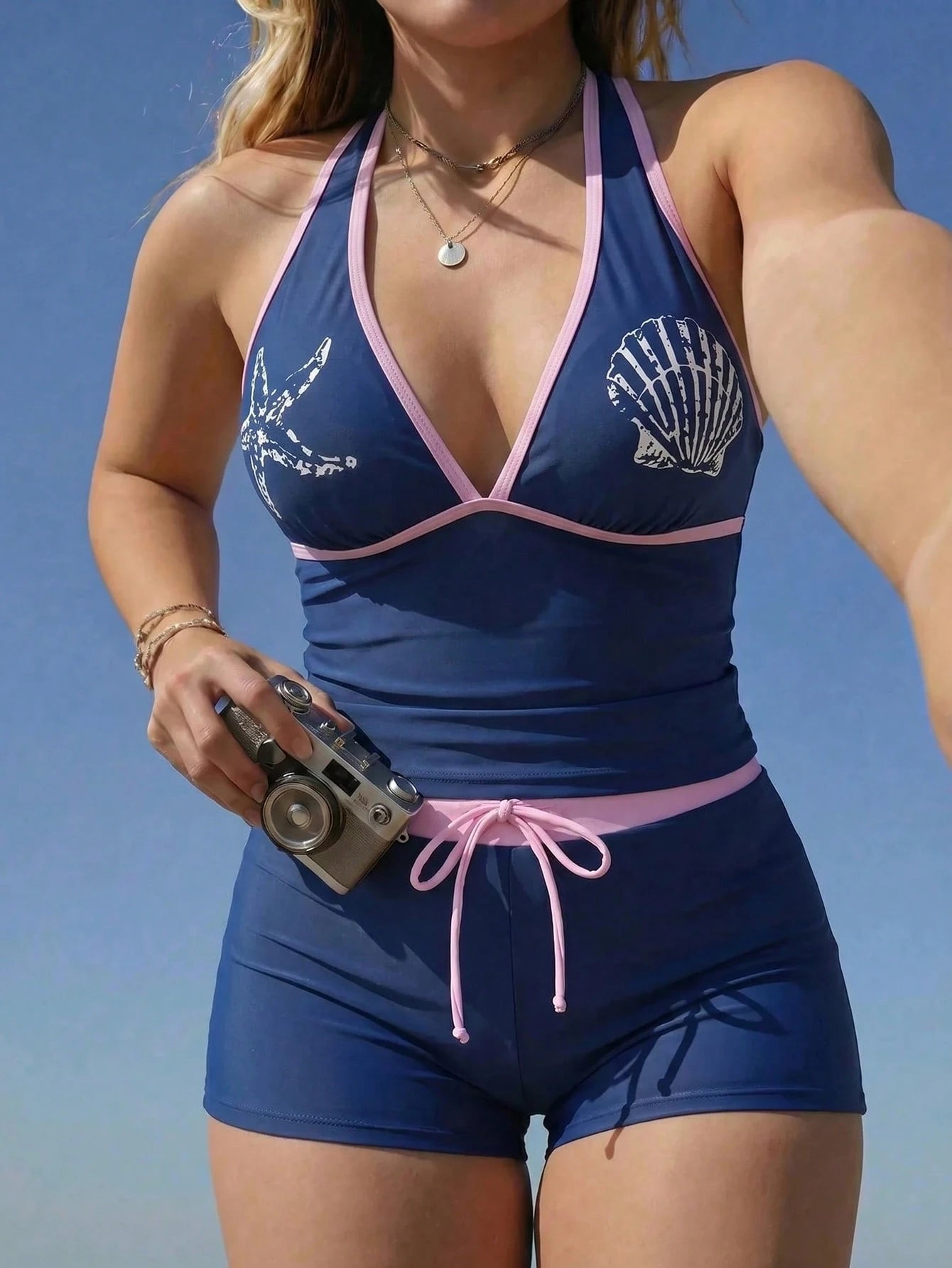 Swim Mod Plus Size 2-Piece Tank Bikini Set, Starfish & Shell Print, Contrast Trim, Deep V-Neck, Adjustable Shoulder Straps, Hipster Bottoms, Vacation Beachwear, Party Pool Attire